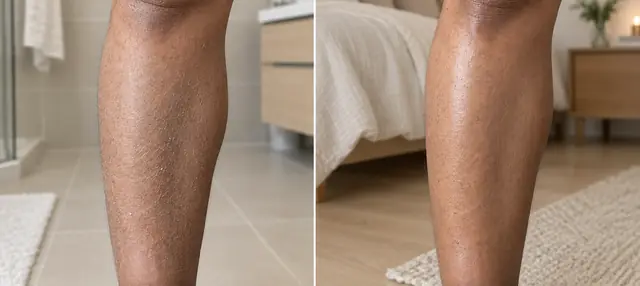 Illustrative comparison: softer, hydrated skin on the leg